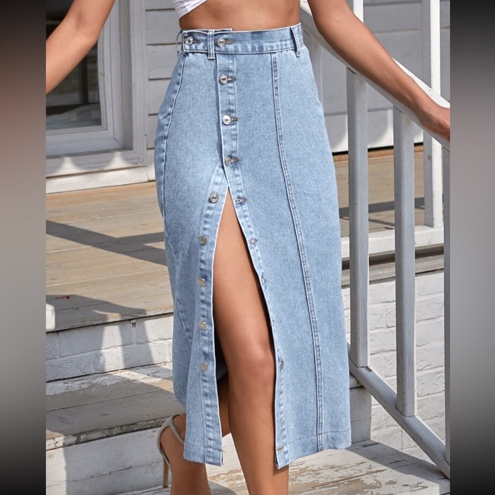 SHEIN Light Blue High-Waist Button Front Denim Maxi Skirt